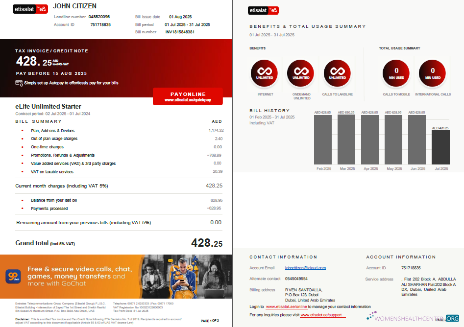 download UAE Etisalat utility bill template in Word and PDF formats, 2 pages, version 3 PDF template